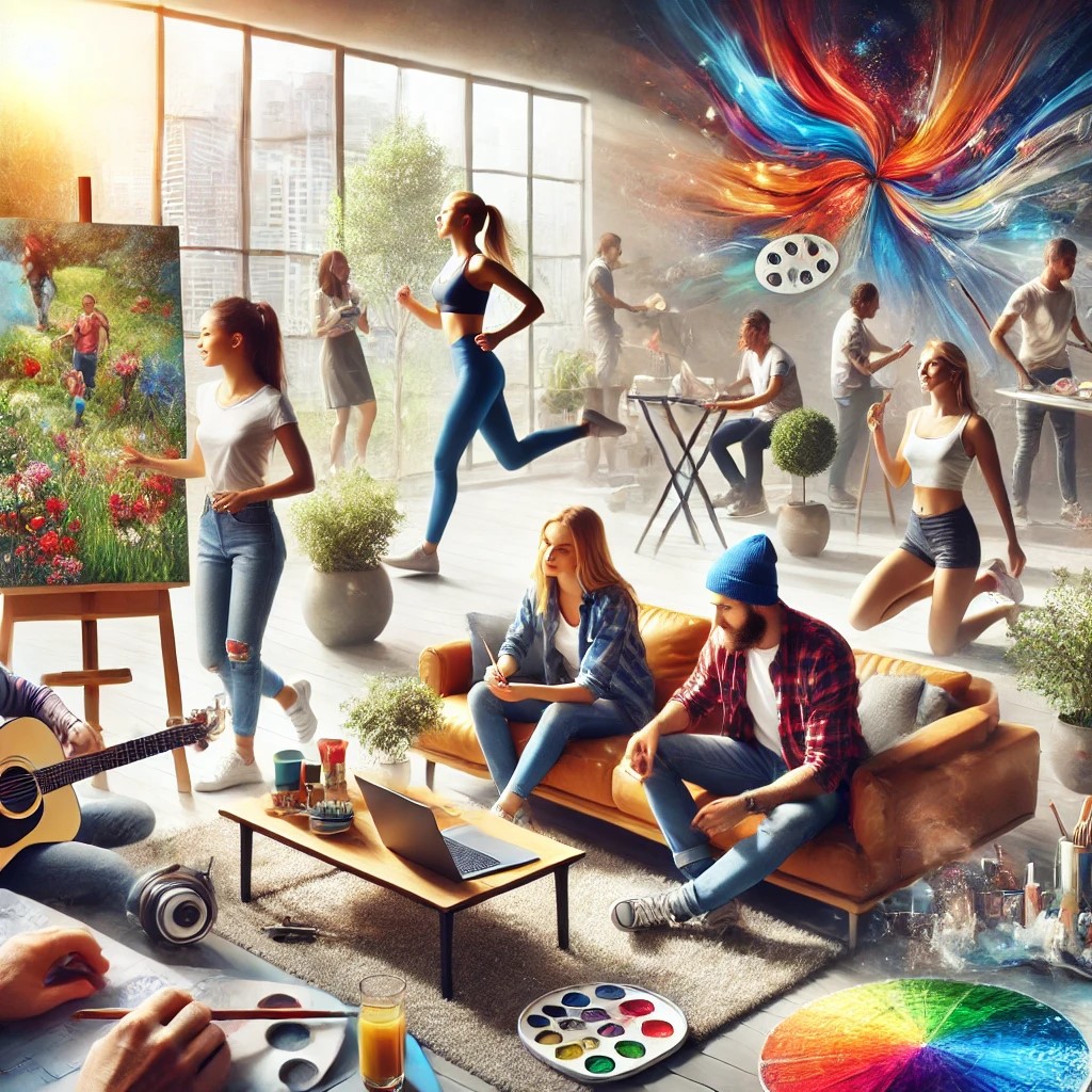 DALL·E 2024-12-19 18.29.44 - A realistic and vibrant photograph-like image showcasing people of all ages engaged in creative and energetic activities, such as painting, exercising.jpeg